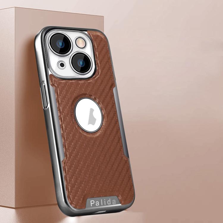 For iPhone 16 Palida Y7 Electroplated Carbon Fiber Texture Lens Film Phone Case(Brown)