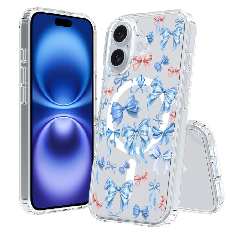 For iPhone 16 Pattern Printing TPU + PC Magnetic Shockproof Phone Case(Blue Bow 026)