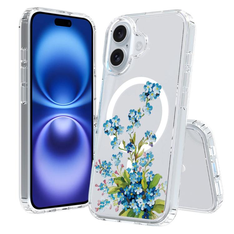For iPhone 16 Pattern Printing TPU + PC Magnetic Shockproof Phone Case(Blue Flower 013)