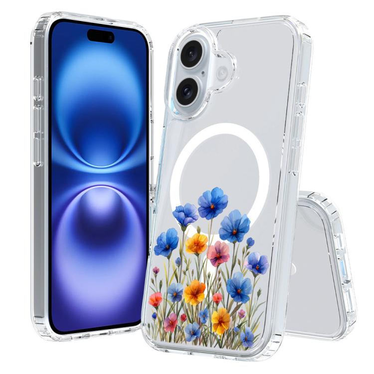 For iPhone 16 Pattern Printing TPU + PC Magnetic Shockproof Phone Case(Blue Flower 020)