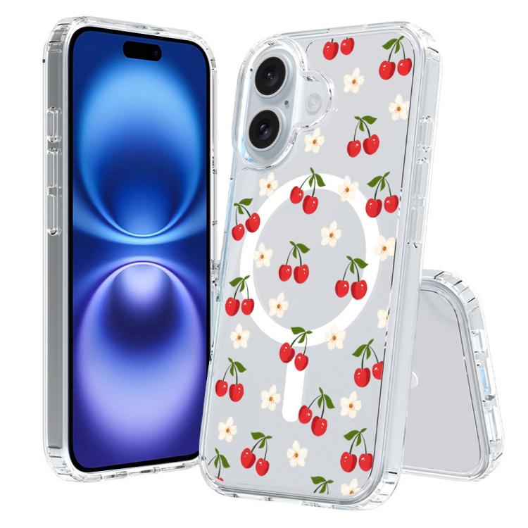 For iPhone 16 Pattern Printing TPU + PC Magnetic Shockproof Phone Case(Cherry 028)