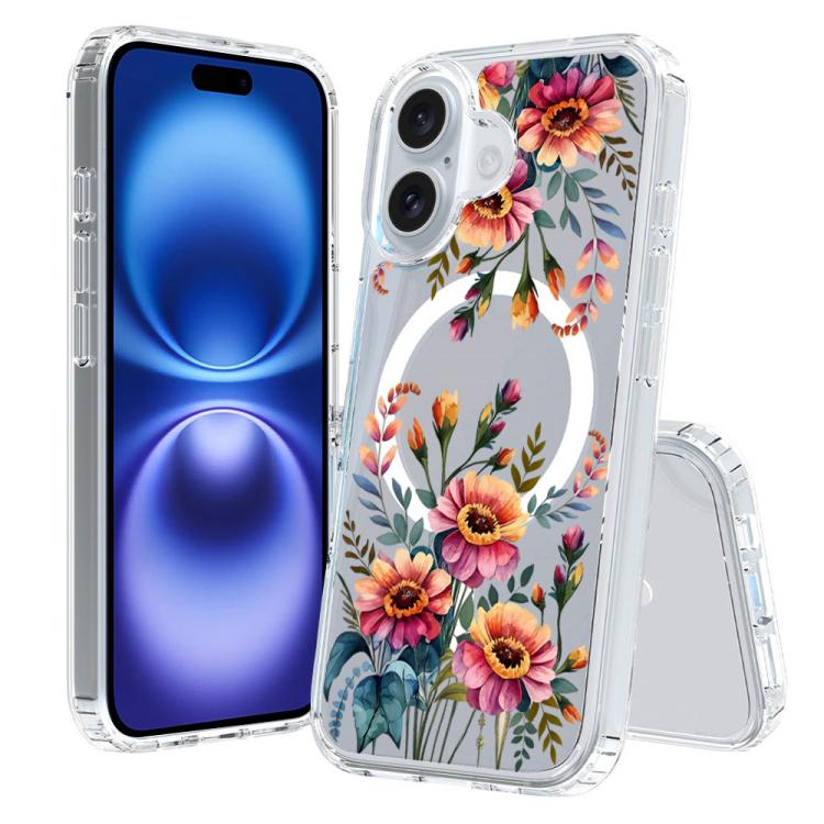 For iPhone 16 Pattern Printing TPU + PC Magnetic Shockproof Phone Case(Flower 038)