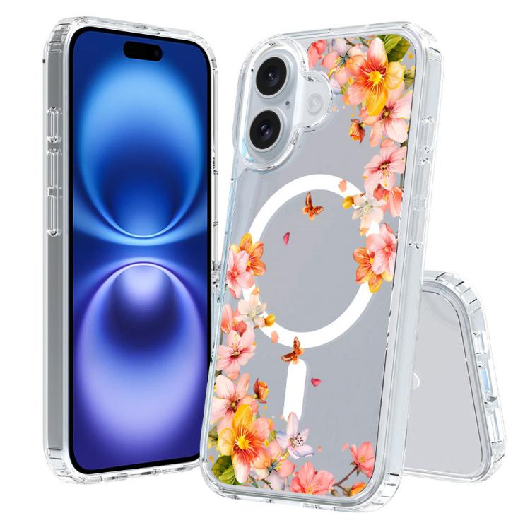 For iPhone 16 Pattern Printing TPU + PC Magnetic Shockproof Phone Case(Flower Butterfly 032)