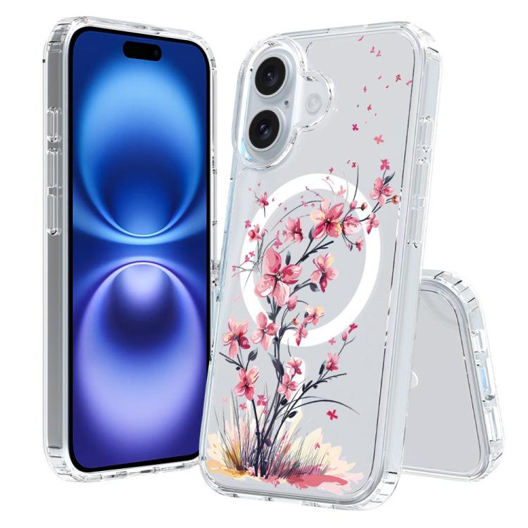 For iPhone 16 Pattern Printing TPU + PC Magnetic Shockproof Phone Case(Pink Flower 012)