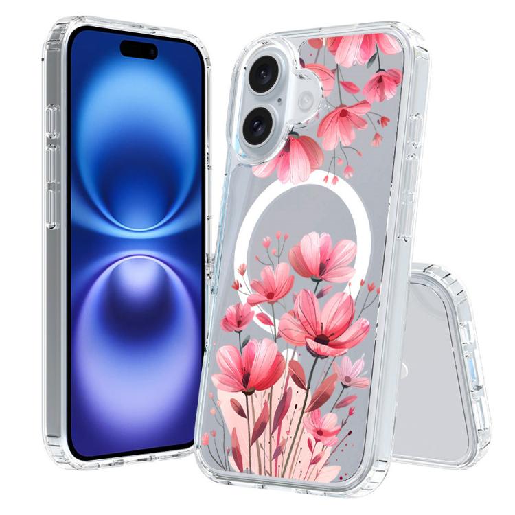For iPhone 16 Pattern Printing TPU + PC Magnetic Shockproof Phone Case(Pink Flower 034)