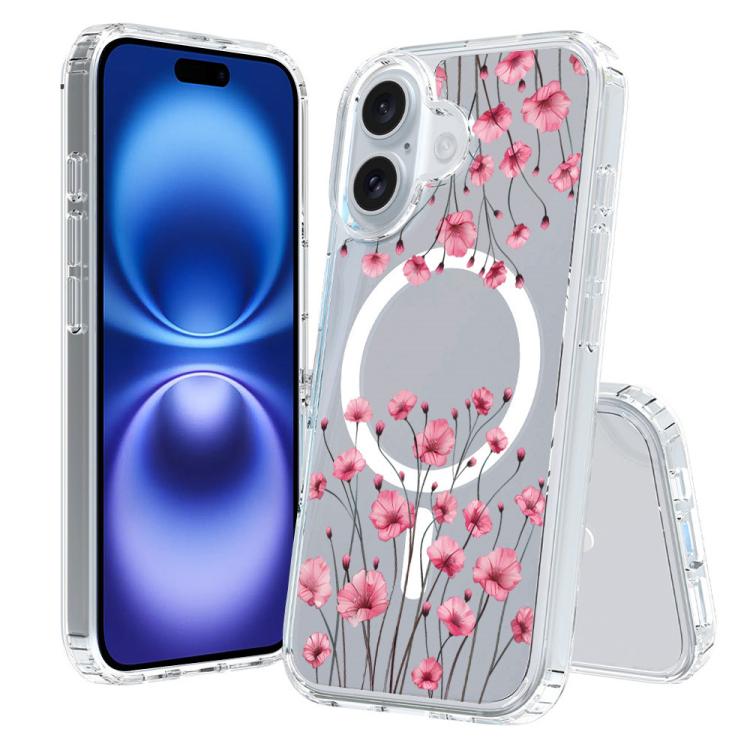 For iPhone 16 Pattern Printing TPU + PC Magnetic Shockproof Phone Case(Pink Flower 035)