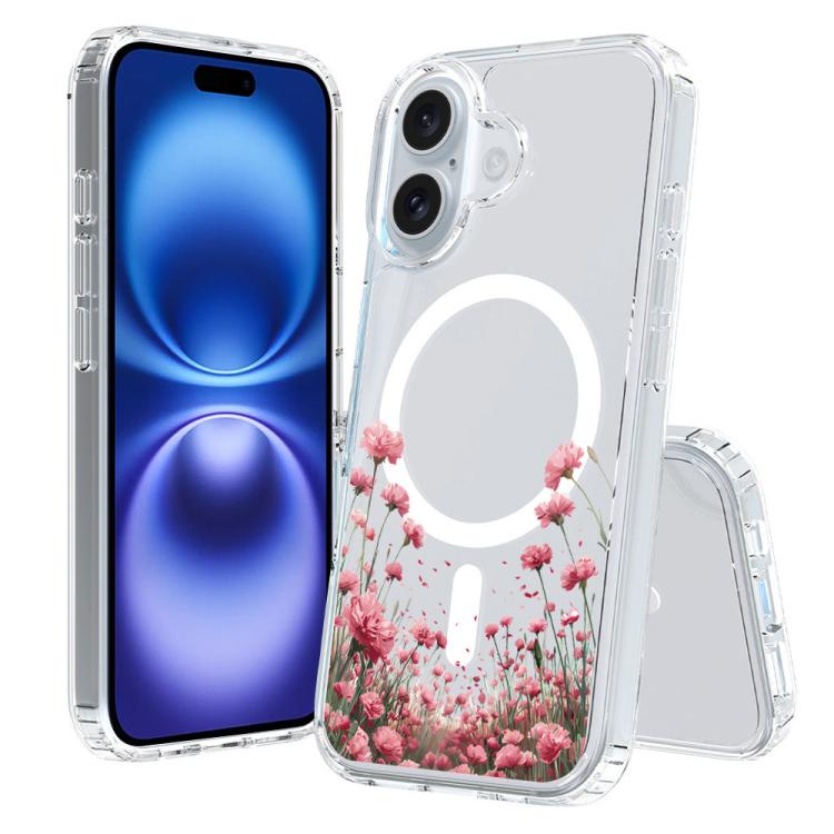 For iPhone 16 Pattern Printing TPU + PC Magnetic Shockproof Phone Case(Pink Flower Sea 014)