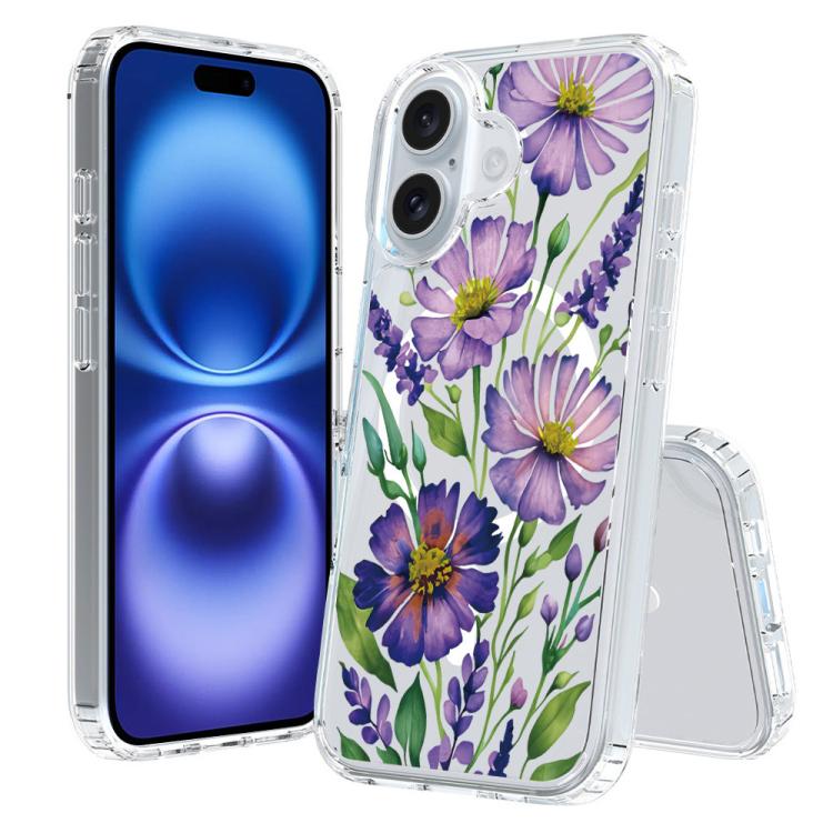 For iPhone 16 Pattern Printing TPU + PC Magnetic Shockproof Phone Case(Purple Chamomile 016)
