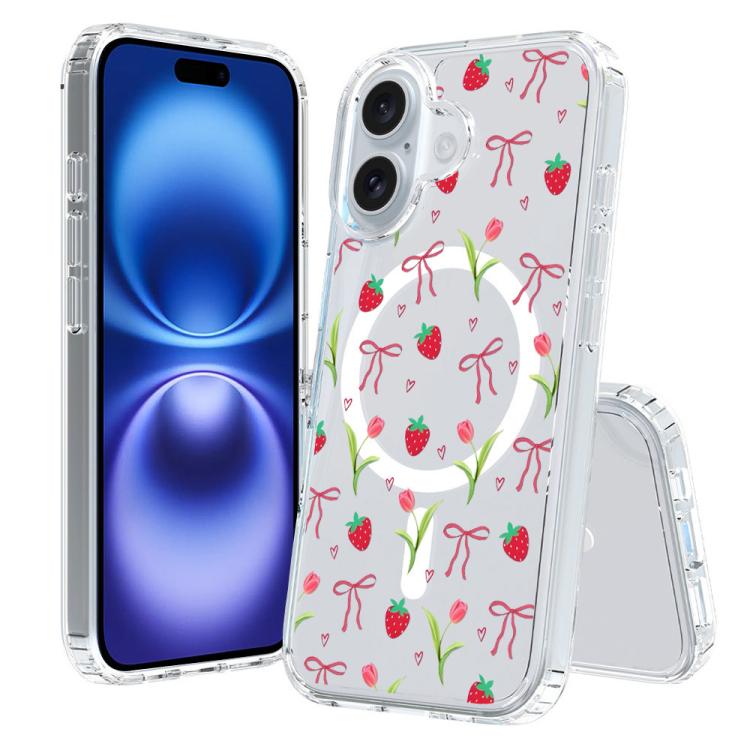For iPhone 16 Pattern Printing TPU + PC Magnetic Shockproof Phone Case(Strawberry 027)