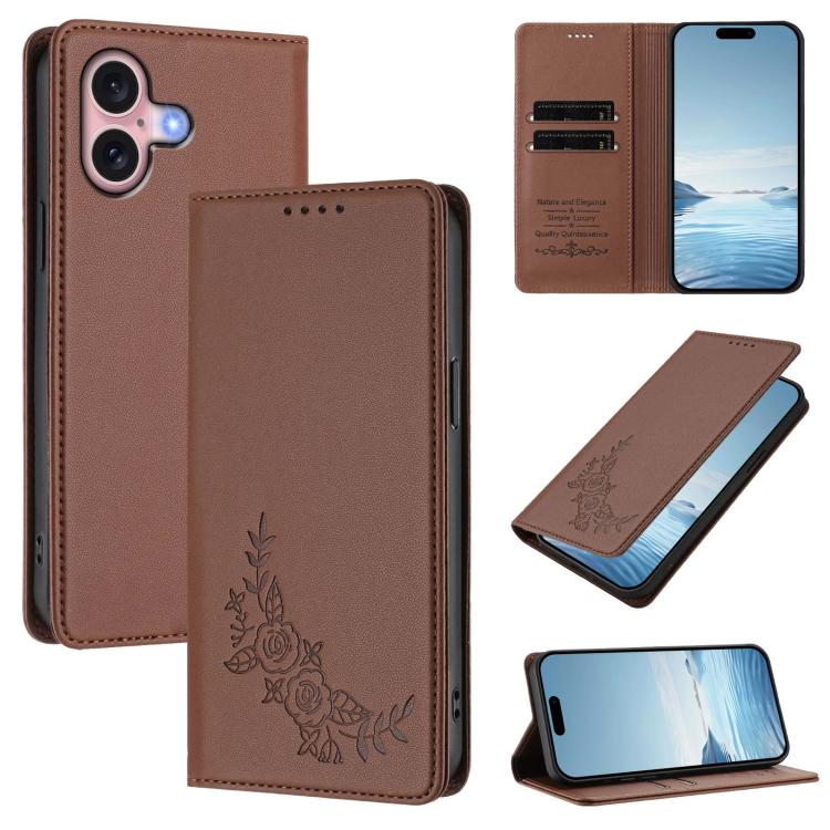 For iPhone 16 Peony Embossed Magnetic RFID Vegan Leather Phone Case(Brown)