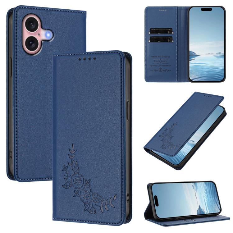 For iPhone 16 Peony Embossed Magnetic RFID Vegan Leather Phone Case(Dark Blue)