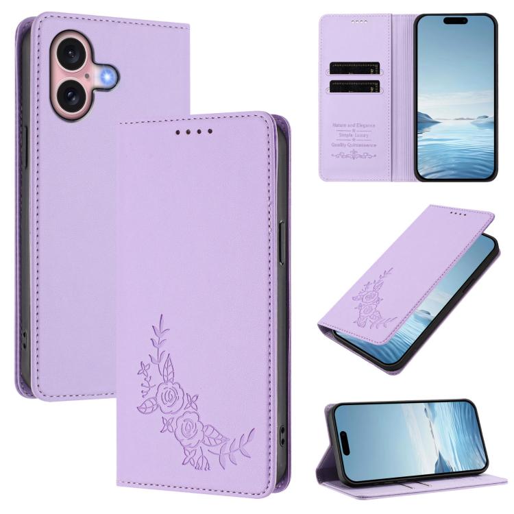 For iPhone 16 Peony Embossed Magnetic RFID Vegan Leather Phone Case(Light Purple)