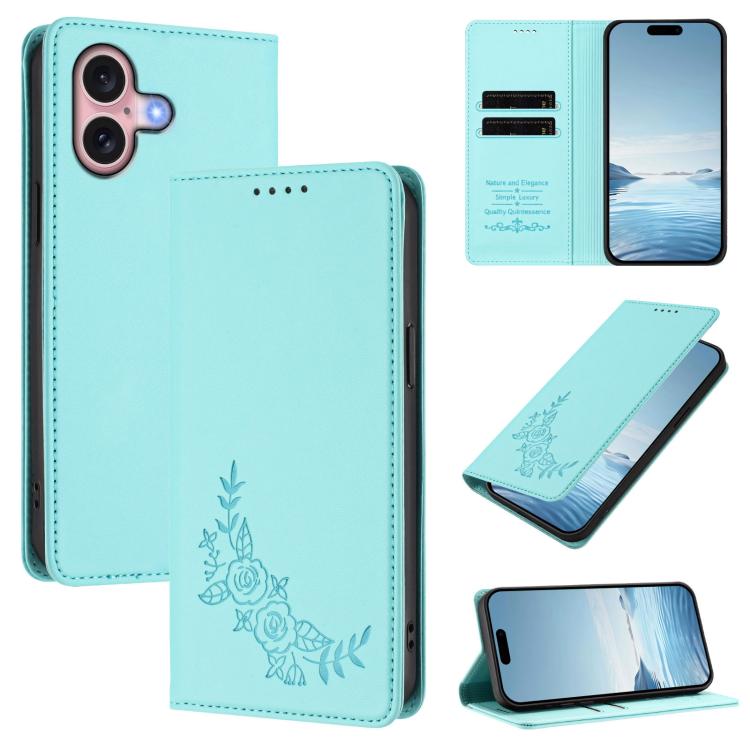 For iPhone 16 Peony Embossed Magnetic RFID Vegan Leather Phone Case(Mint Green)