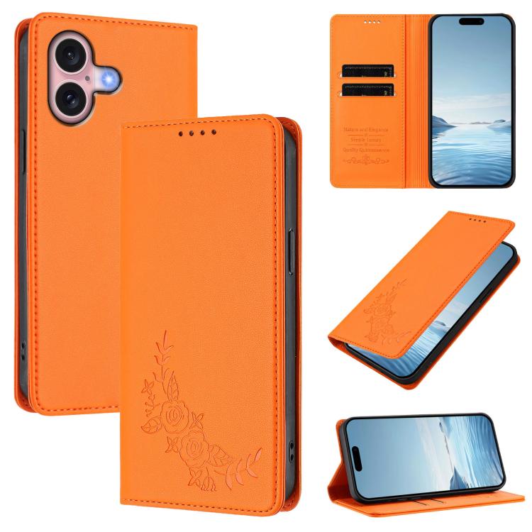 For iPhone 16 Peony Embossed Magnetic RFID Vegan Leather Phone Case(Orange)