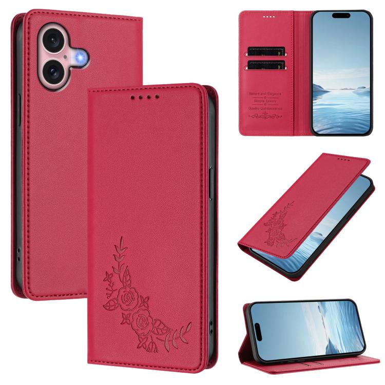 For iPhone 16 Peony Embossed Magnetic RFID Vegan Leather Phone Case(Red)