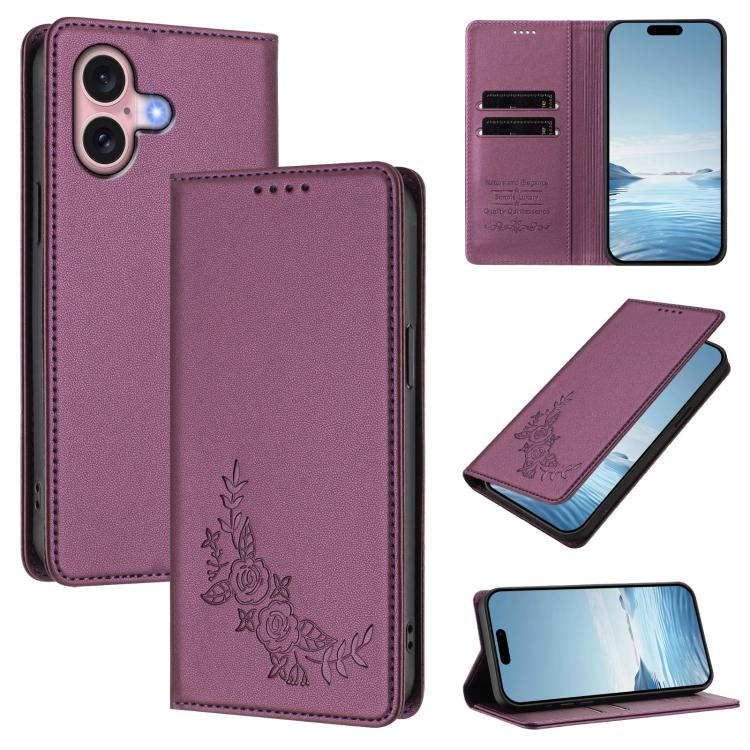 For iPhone 16 Peony Embossed Magnetic RFID Vegan Leather Phone Case(Violet Purple)