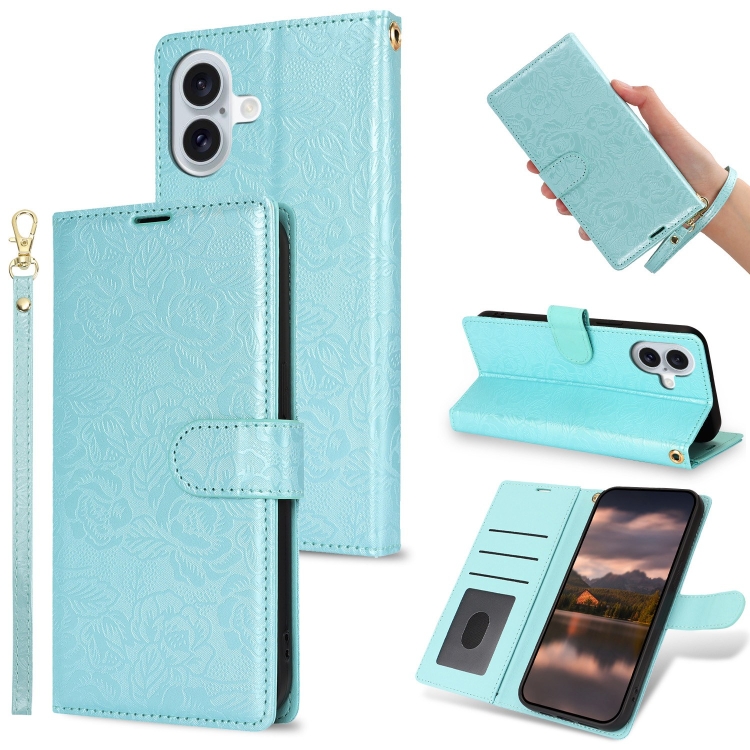For iPhone 16 Peony Flowers Imprint Leather Phone Case(Sky Blue)