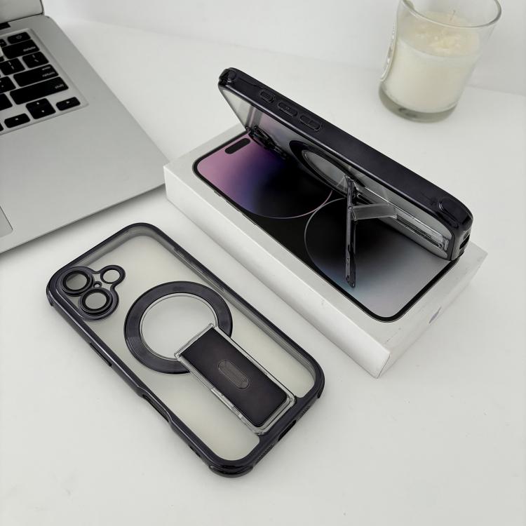 For iPhone 16 Phantom Electroplated Four-Corner Airbag Invisible Holder Shockproof Magnetic Phone Case(Black)