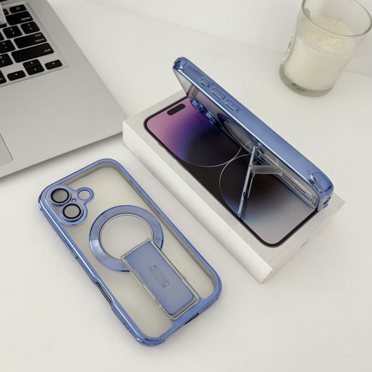 For iPhone 16 Phantom Electroplated Four-Corner Airbag Invisible Holder Shockproof Magnetic Phone Case(Blue)