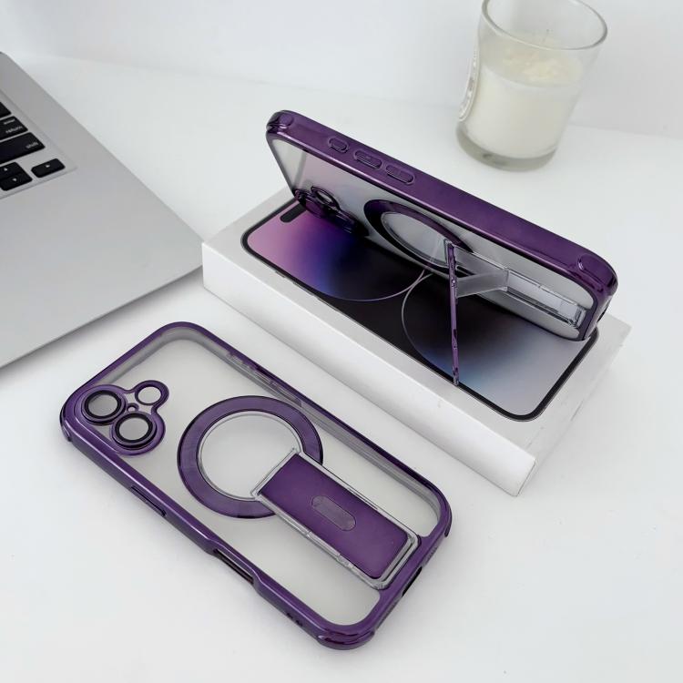 For iPhone 16 Phantom Electroplated Four-Corner Airbag Invisible Holder Shockproof Magnetic Phone Case(Dark Purple)