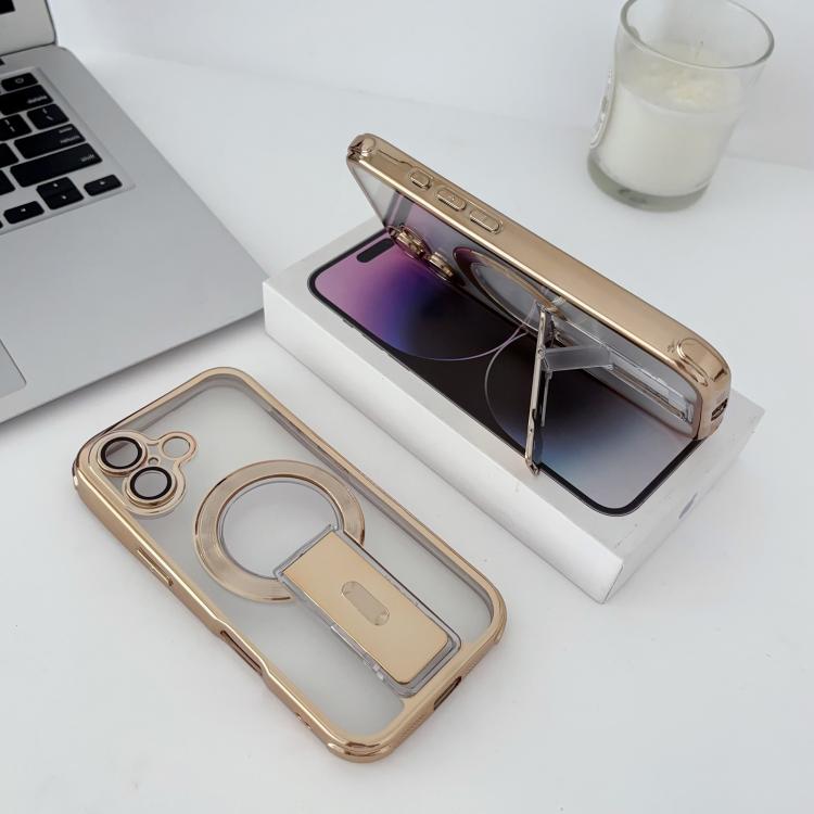 For iPhone 16 Phantom Electroplated Four-Corner Airbag Invisible Holder Shockproof Magnetic Phone Case(Gold)