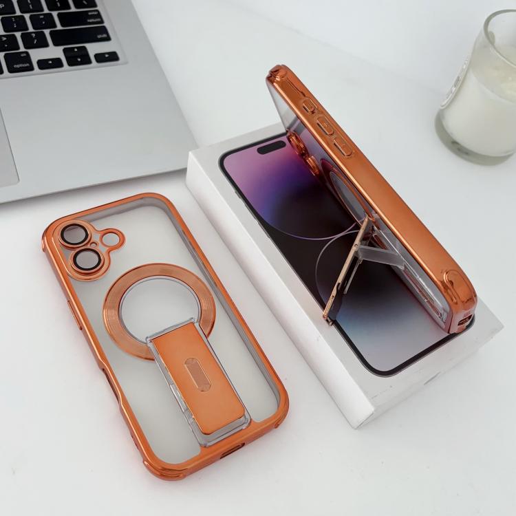 For iPhone 16 Phantom Electroplated Four-Corner Airbag Invisible Holder Shockproof Magnetic Phone Case(Orange)