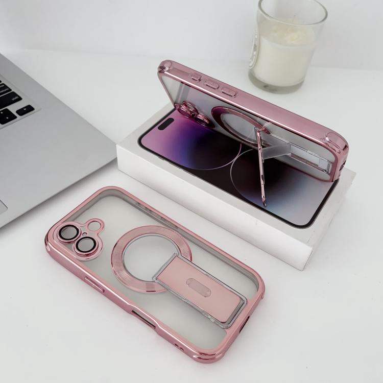 For iPhone 16 Phantom Electroplated Four-Corner Airbag Invisible Holder Shockproof Magnetic Phone Case(Pink)