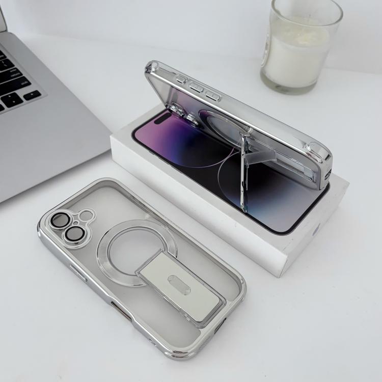 For iPhone 16 Phantom Electroplated Four-Corner Airbag Invisible Holder Shockproof Magnetic Phone Case(Silver)