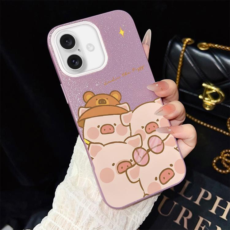 For iPhone 16 Pink Pig Pattern IMD Glitter PC Hybrid TPU Phone Case(Purple)