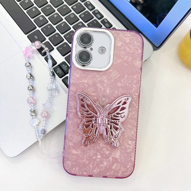 For iPhone 16 Plating Glitter Lens Film Texture Butterfly Holder Wristband Phone Case(Pink Shell Pattern)