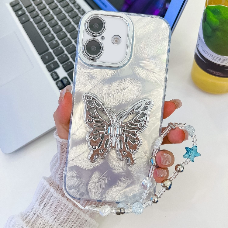 For iPhone 16 Plating Glitter Lens Film Texture Butterfly Holder Wristband Phone Case(White Feathers)