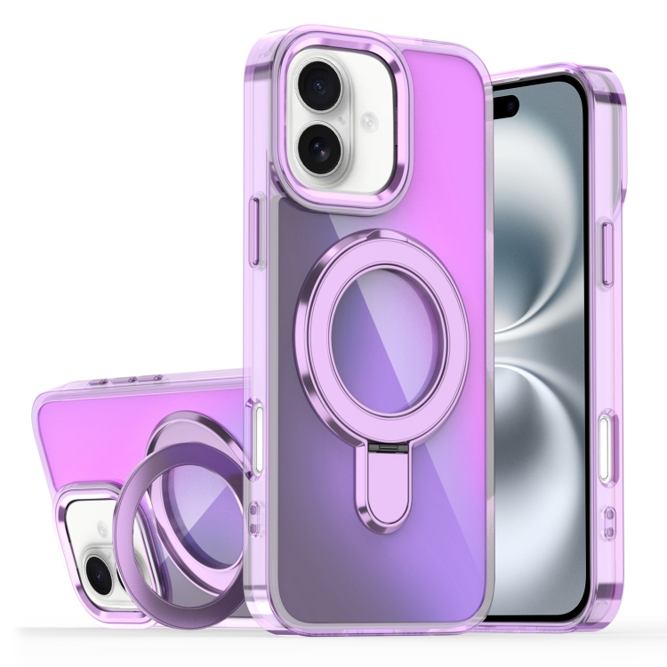 For iPhone 16 Plating Gradient Discolor MagSafe Holder Phone Case(Clear Purple)