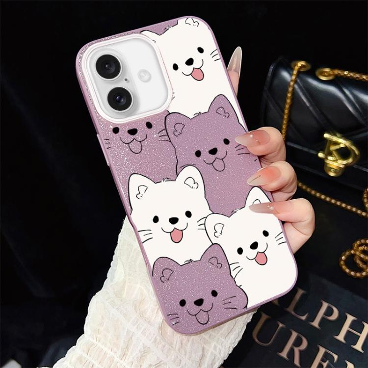For iPhone 16 Playful Tongue-Out Puppy Pattern IMD Glitter PC Hybrid TPU Phone Case(Purple)