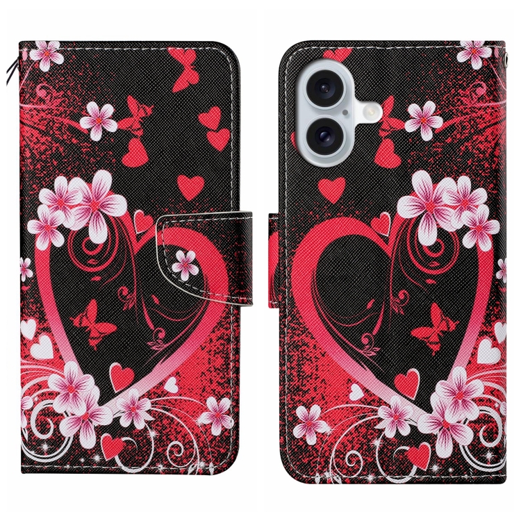 For iPhone 16 Plus 3D Colored Drawing Flip Leather Phone Case(Red Heart)