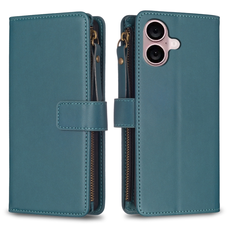 For iPhone 16 Plus 9 Card Slots Zipper Wallet Leather Flip Phone Case(Green)