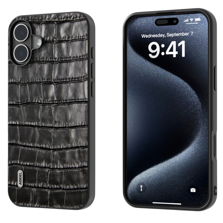 For iPhone 16 Plus ABEEL Crocodile Texture Genuine Leather Phone Case(Black)