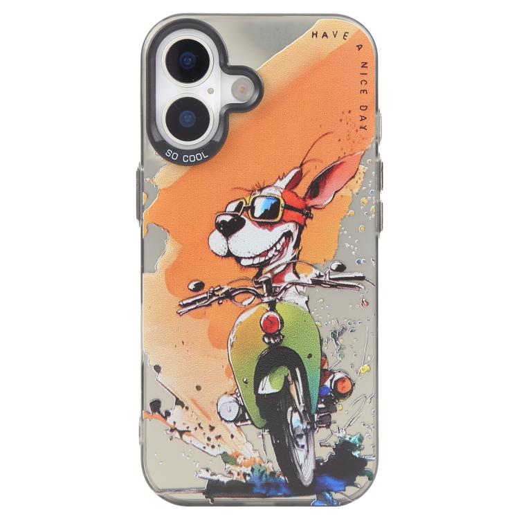 For iPhone 16 Plus Animal Pattern Oil Painting Series PC + TPU Phone Case(Bicycle Dog)