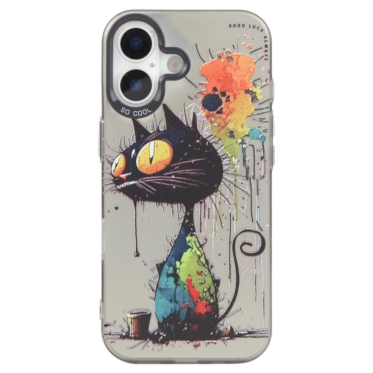 For iPhone 16 Plus Animal Pattern Oil Painting Series PC + TPU Phone Case(Black Cat)