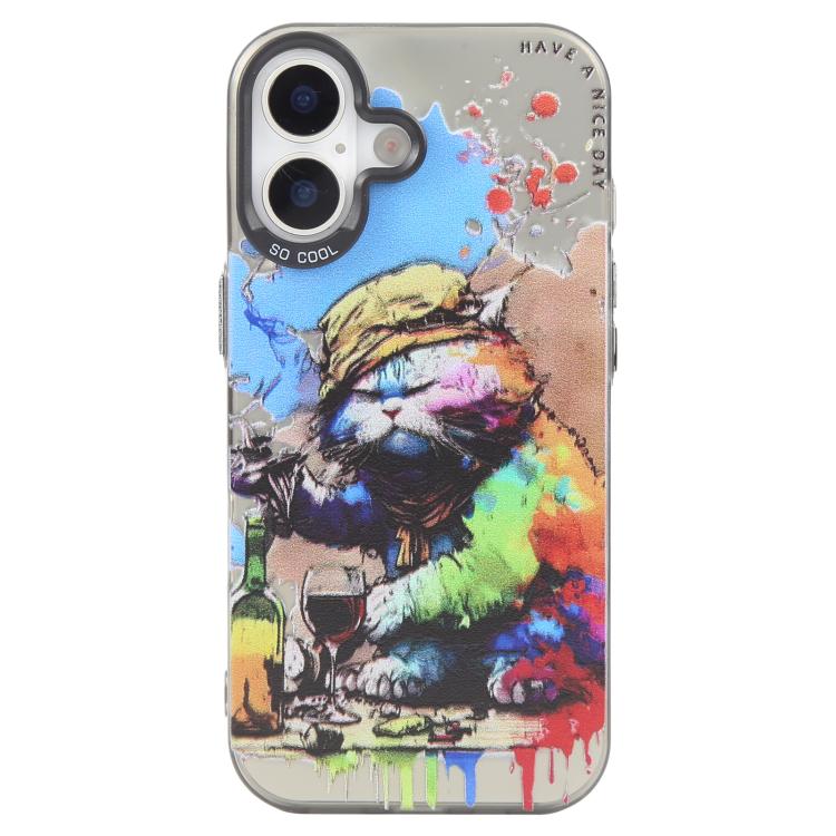 For iPhone 16 Plus Animal Pattern Oil Painting Series PC + TPU Phone Case(Drinking Cat)