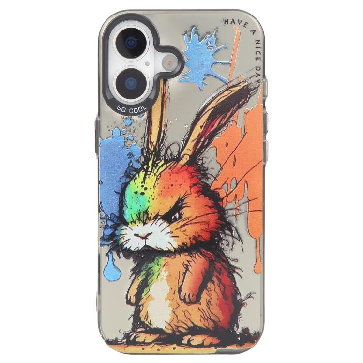 For iPhone 16 Plus Animal Pattern Oil Painting Series PC + TPU Phone Case(Fat Rabbit)