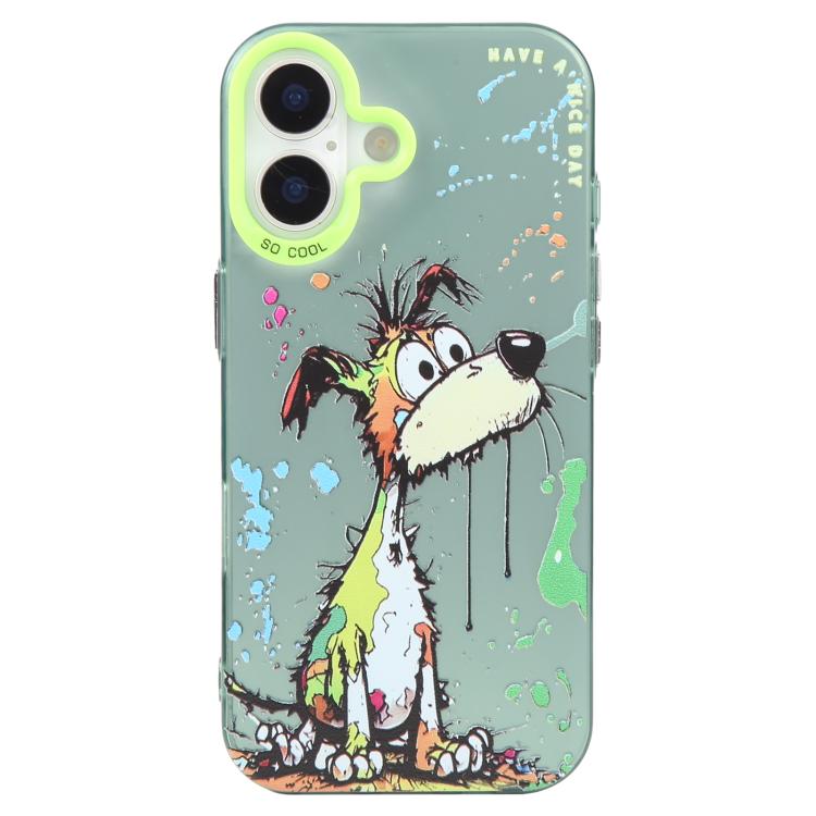 For iPhone 16 Plus Animal Pattern Oil Painting Series PC + TPU Phone Case(Green Dog)