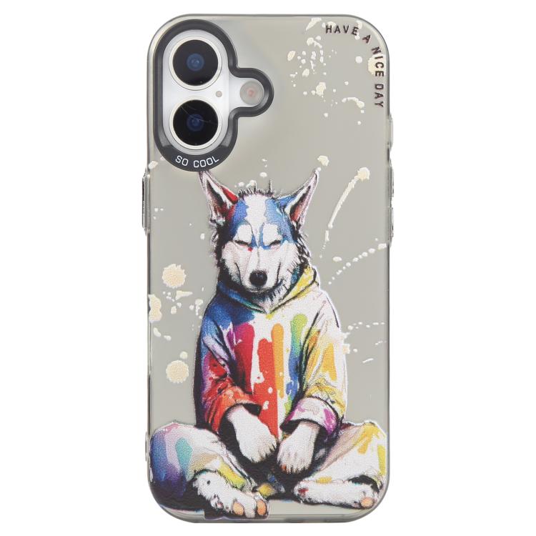 For iPhone 16 Plus Animal Pattern Oil Painting Series PC + TPU Phone Case(Hoodie Dog)