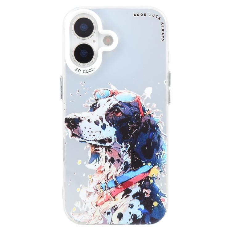 For iPhone 16 Plus Animal Pattern Oil Painting Series PC + TPU Phone Case(Spotted Dog)