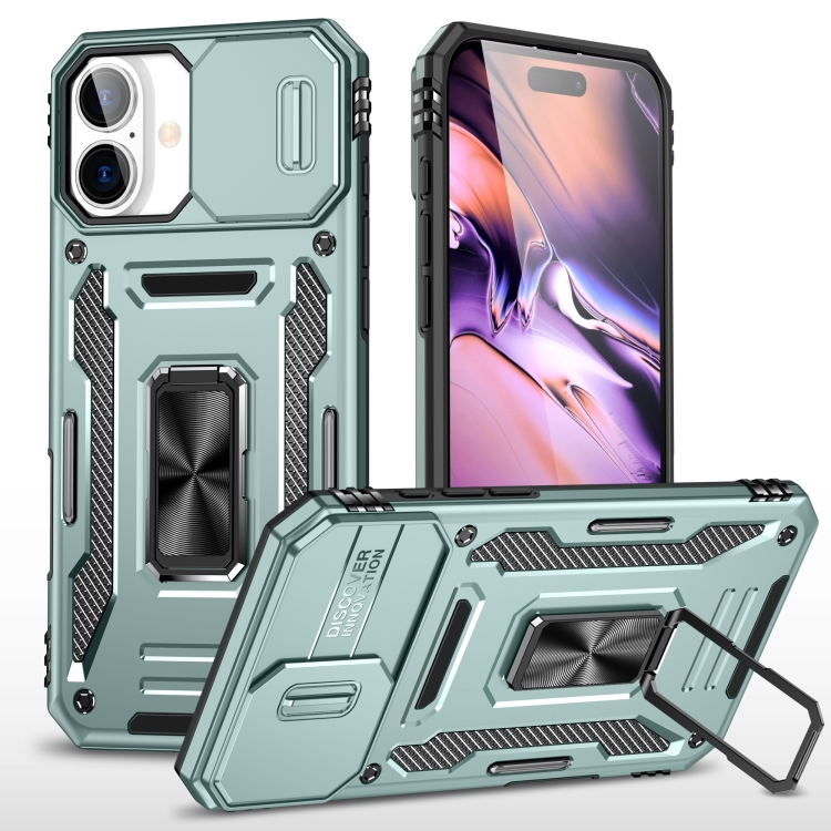 For iPhone 16 Plus Armor PC + TPU Camera Shield Phone Case(Alpine Green)