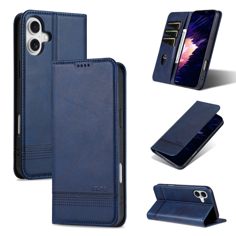 For iPhone 16 Plus AZNS Magnetic Calf Texture Flip Leather Phone Case(Dark Blue)