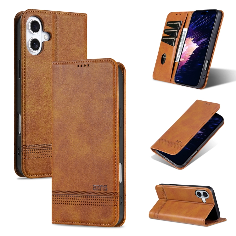 For iPhone 16 Plus AZNS Magnetic Calf Texture Flip Leather Phone Case(Light Brown)
