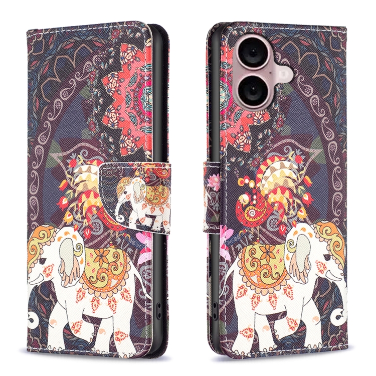 For iPhone 16 Plus Colored Drawing Pattern Flip Leather Phone Case(Flowers Elephant)