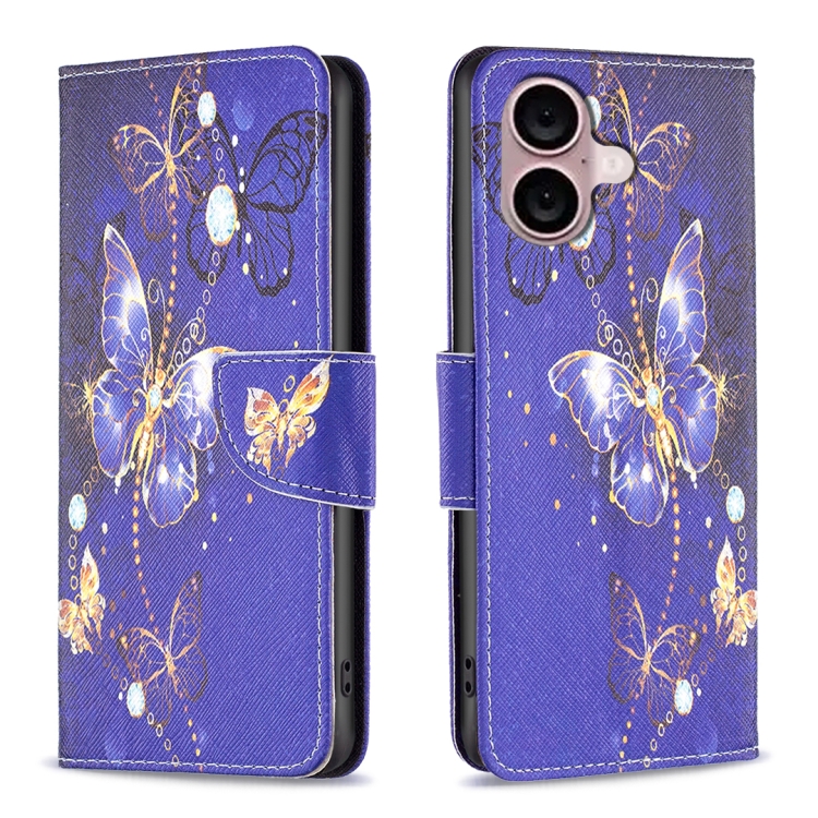 For iPhone 16 Plus Colored Drawing Pattern Flip Leather Phone Case(Purple Butterfly)