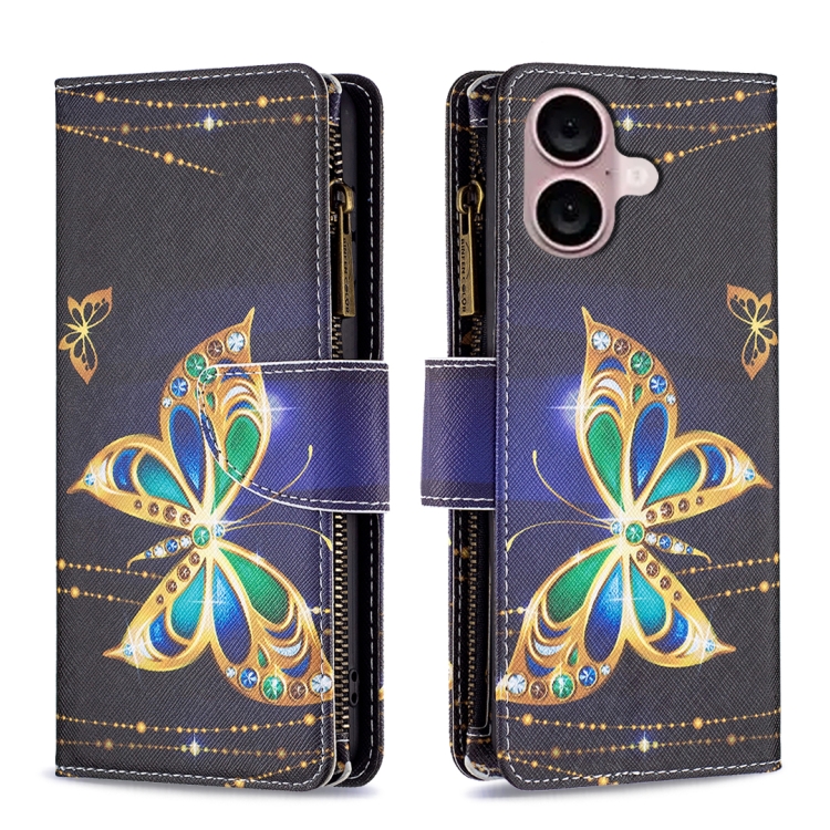 For iPhone 16 Plus Colored Drawing Pattern Zipper Phone Leather Case(Big Butterfly)