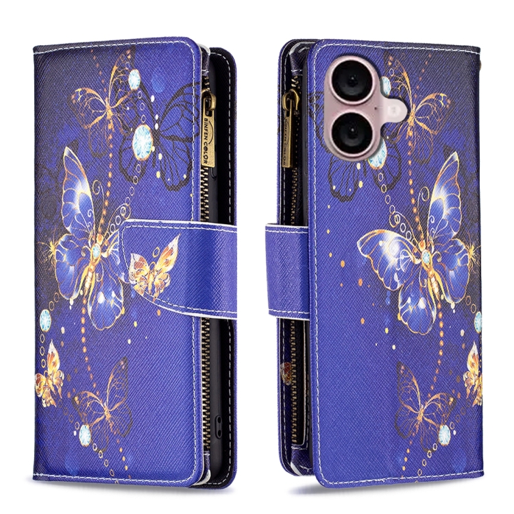 For iPhone 16 Plus Colored Drawing Pattern Zipper Phone Leather Case(Purple Butterfly)